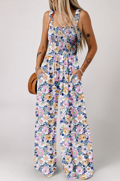 Stacey B's Purple Floral Print Smocked High Waist Square Neck Jumpsuit