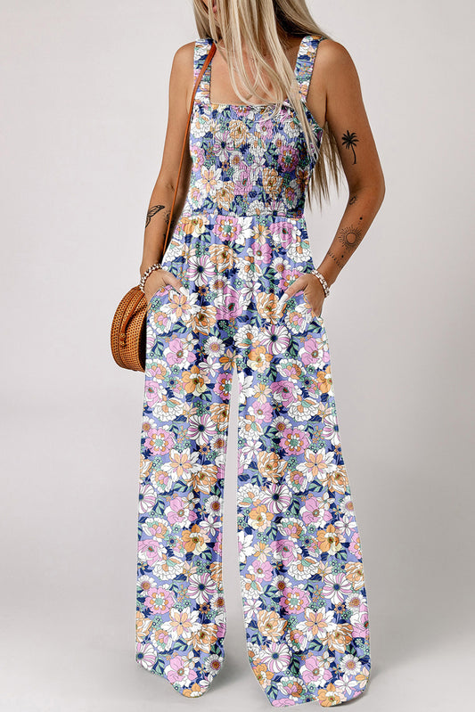 Stacey B's Purple Floral Print Smocked High Waist Square Neck Jumpsuit