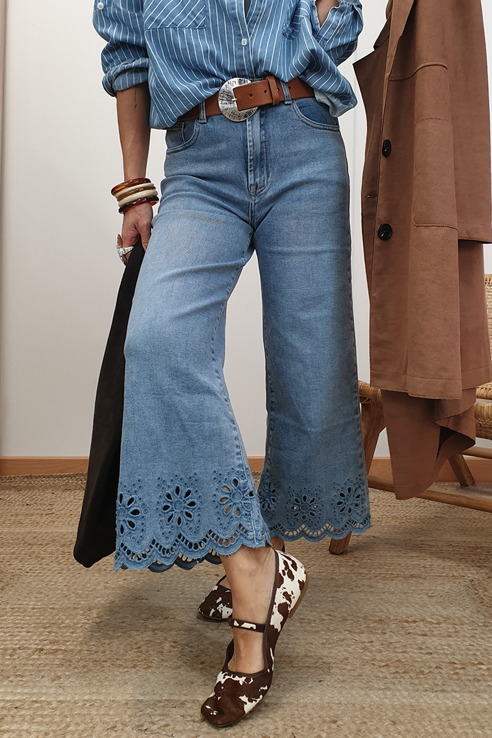 Stacey B's Dusk Blue Embroidered Cropped Wide Leg High Waist Jeans