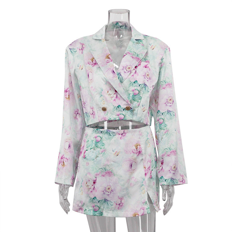 Stacey B's European and American fashion loose suit skirt two-piece set long sleeved lapel top printed high waisted short skirt