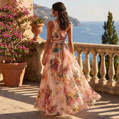 Stacey B's One shoulder waist cinched beach long dress
