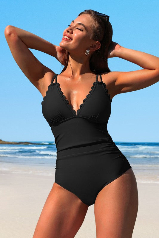 Stacey B's Scalloped V Neck Cut Out Monokini Swimwear