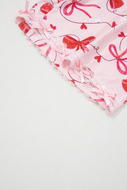 Stacey B's Red Romantic Bow Print Loose Tee Drawstring Shorts 2pcs Lounge Set