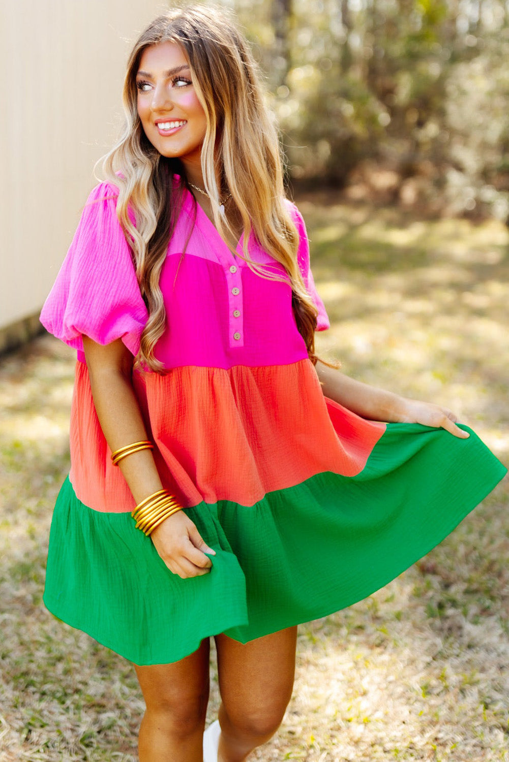 Stacey B's Multicolor Color Block Tiered Puff Sleeve Dress