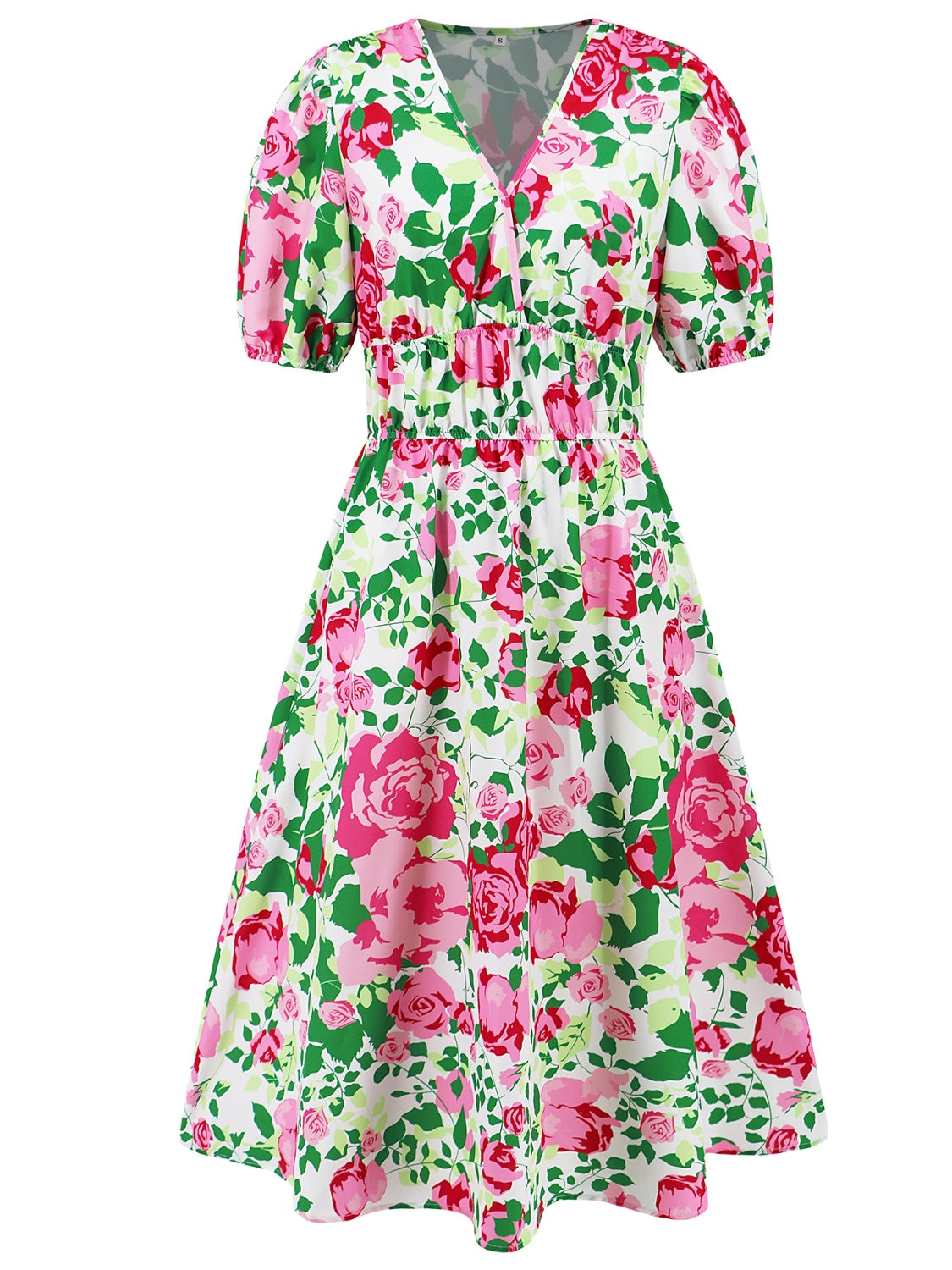 Stacey B's Ruched Printed Surplice Short Sleeve Dress