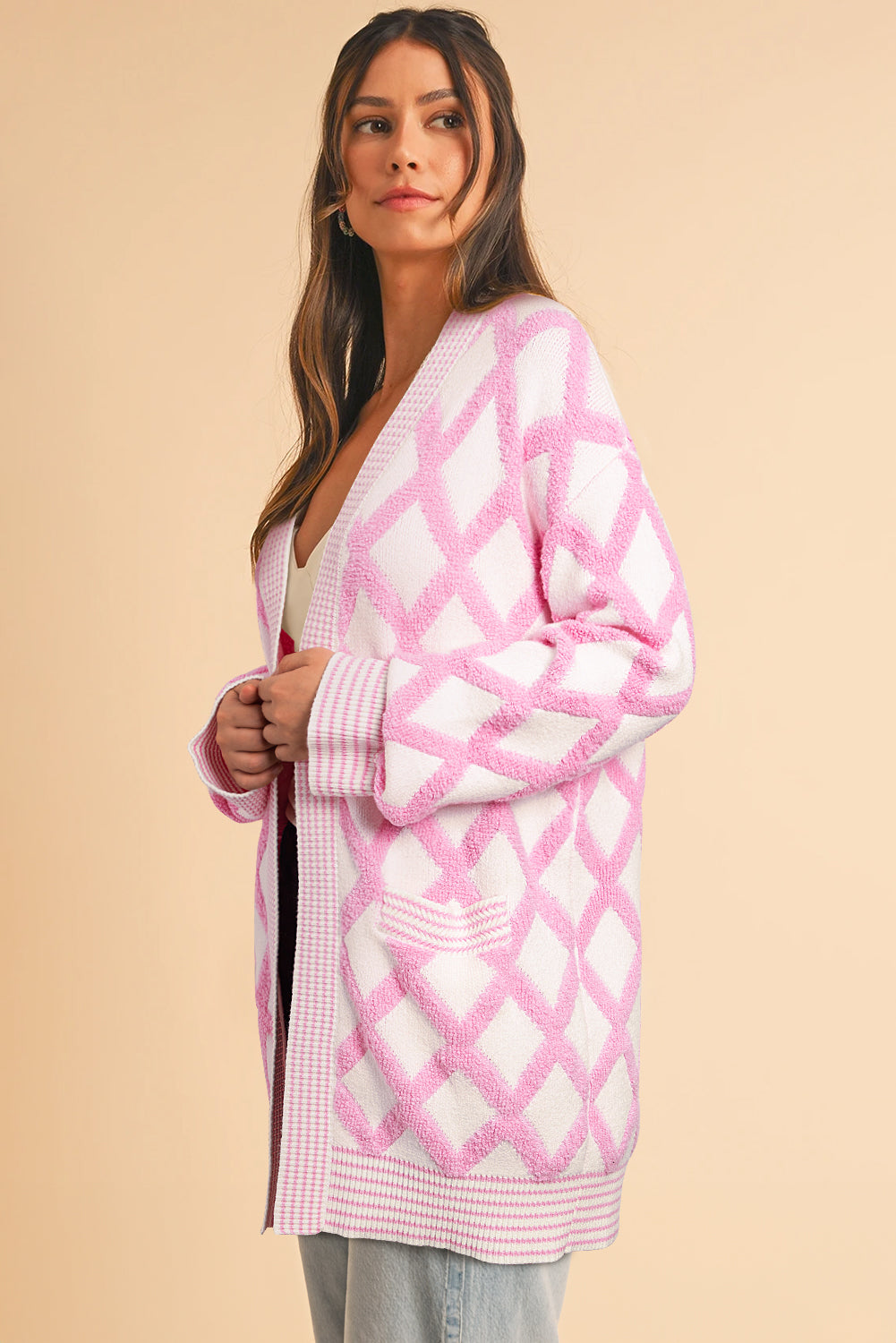 Stacey B's Pink Rhombus Pattern Knit Open Front Pocketed Cardigans