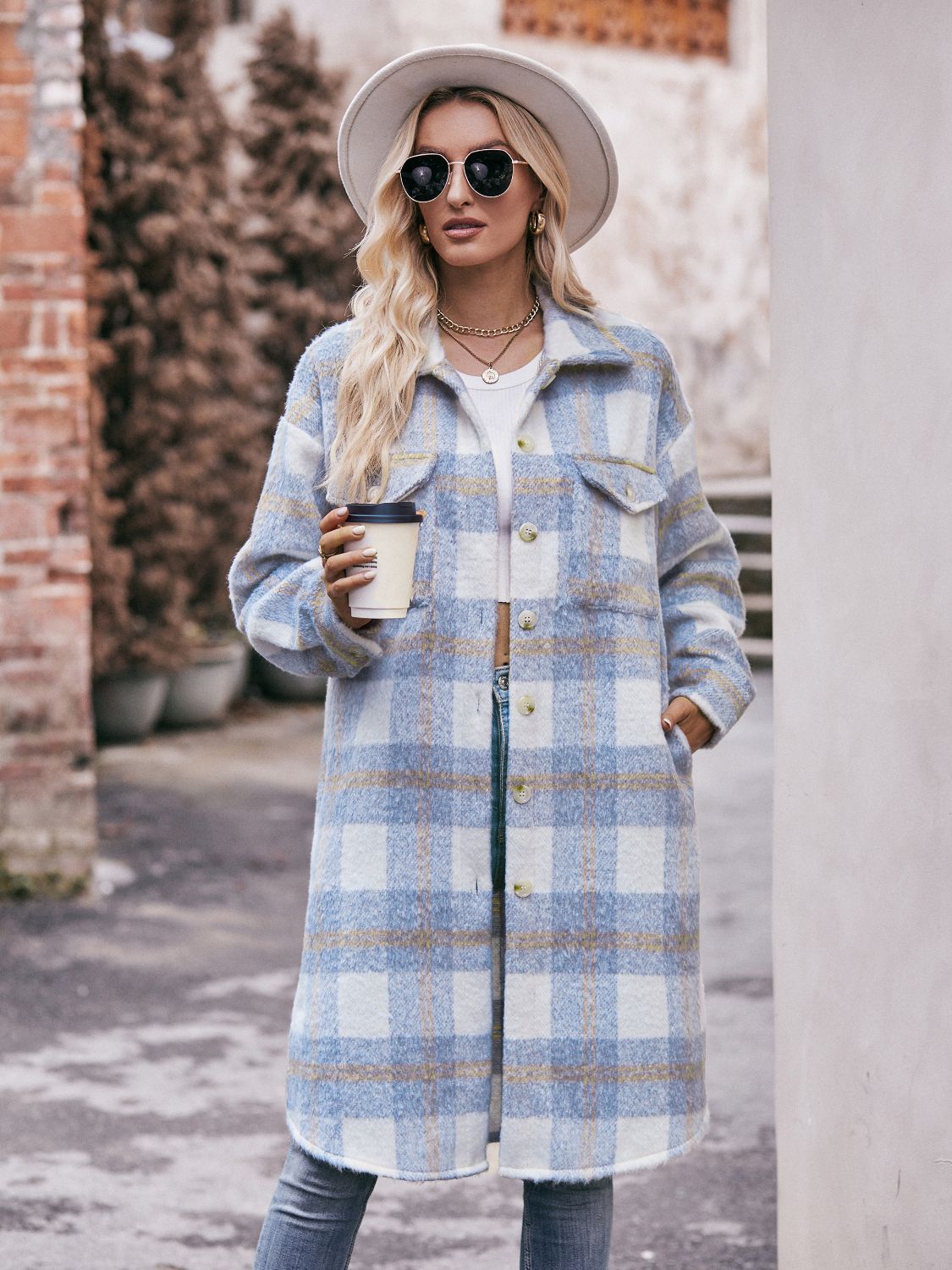 Stacey B's Mandy Plaid Dropped Shoulder Slit Coat