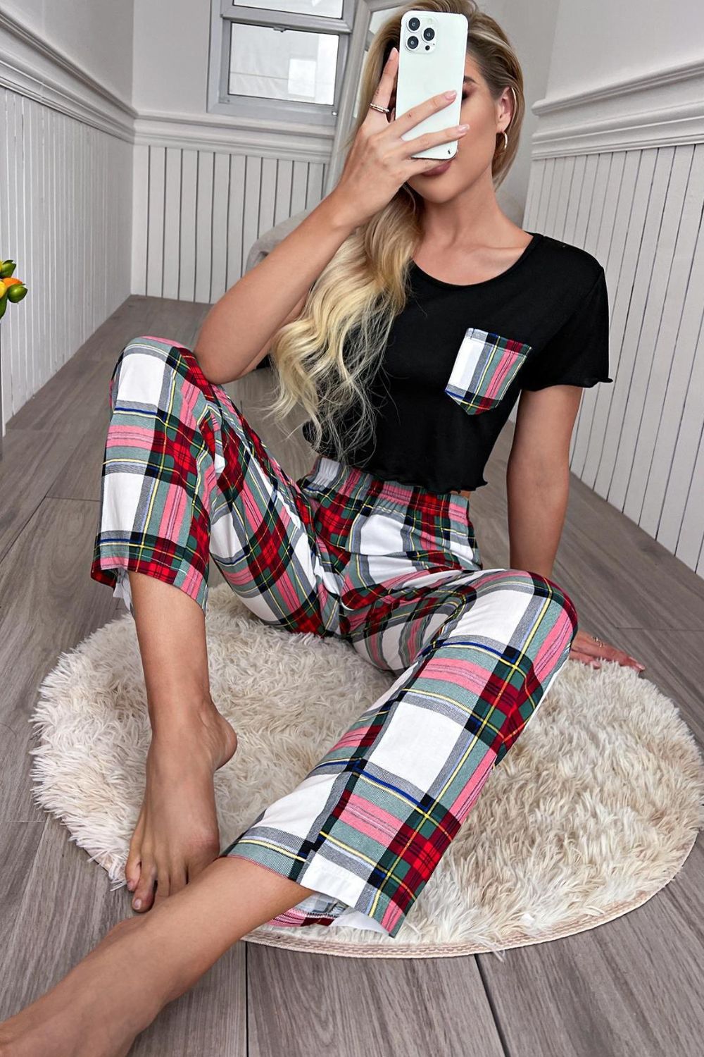 Stacey B's Lettuce Trim Cropped T-Shirt and Plaid Pants Lounge Set