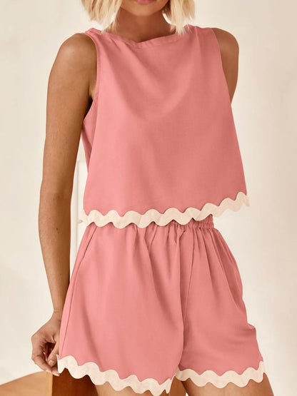 Stacey B's Contrast Trim Round Neck Top and Shorts Set