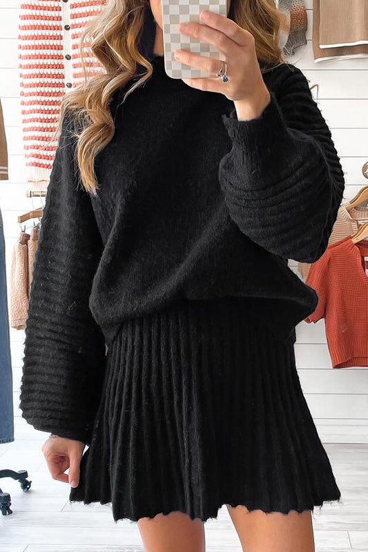 Stacey B's Black High Neck Puff Sleeve Sweater Pleated Mini Skirt 2pcs Knitted Outfit