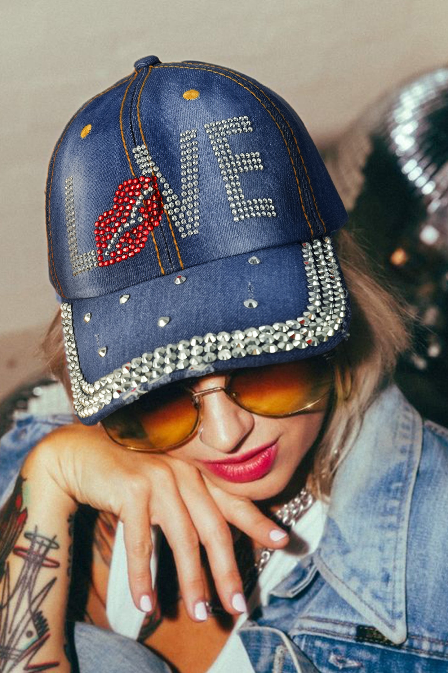 Stacey B's Ashleigh Blue Rhinestone Embellished LOVE Lip Denim Baseball Cap