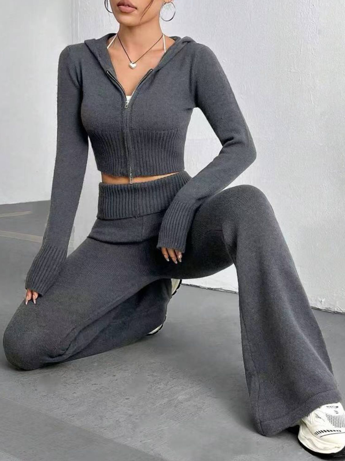 Stacey B's Zip Up Hooded Top and Flare Pants Sweater Set