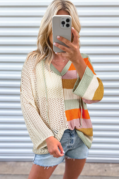 Stacey B's Beige Oversized Colorblock V Neck Hooded Sweater