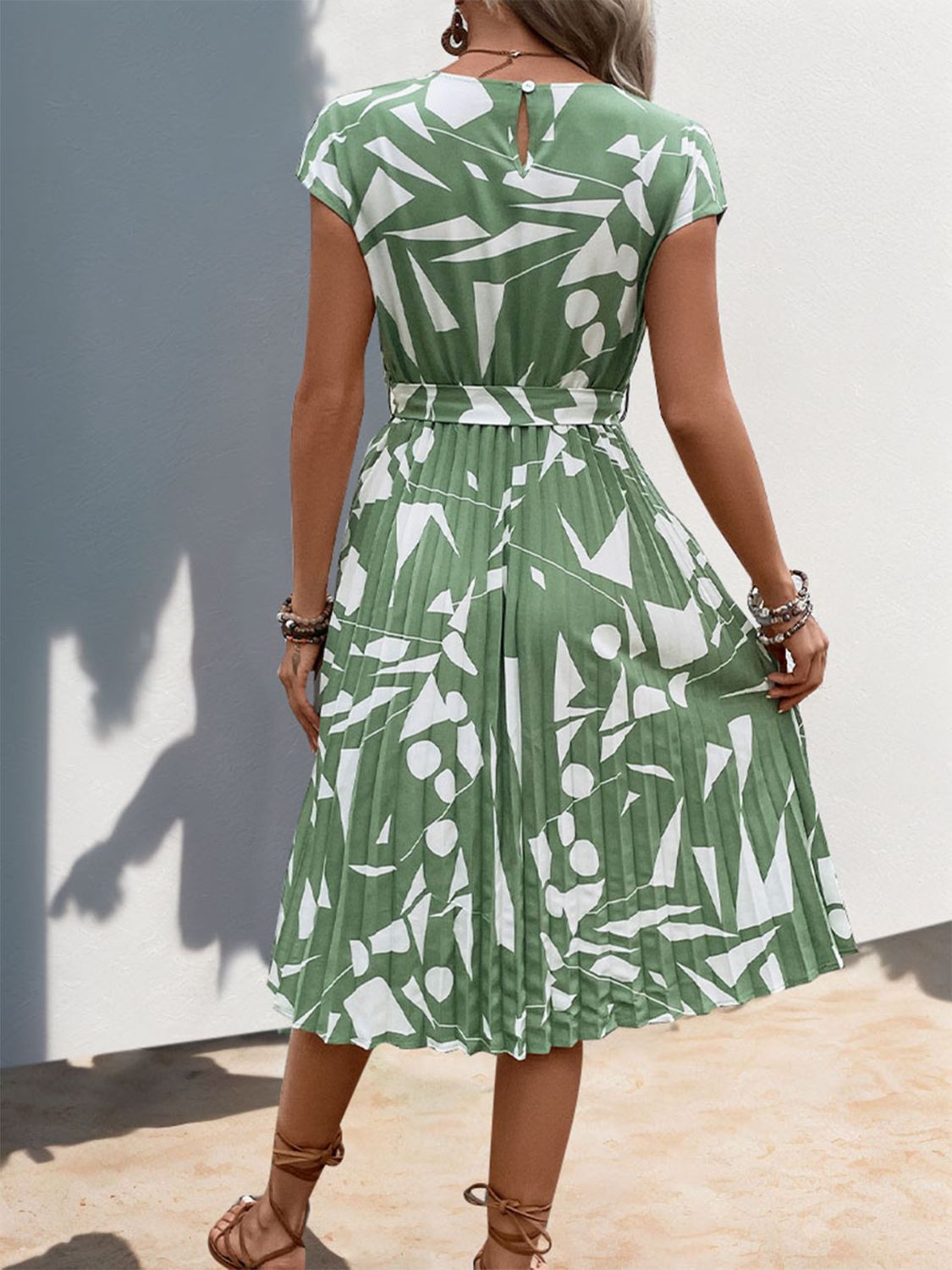 Stacey B's Tied Pleated Printed Cap Sleeve Dress