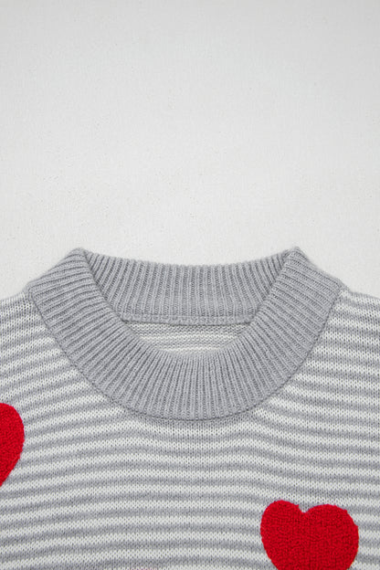Stacey B's Gray Stripe Contrast Heart Pattern Valentine Knit Sweater