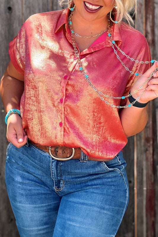 Stacey B's Rose Red Plus Size Metallic Sheen Short Sleeve Button Up Shirt