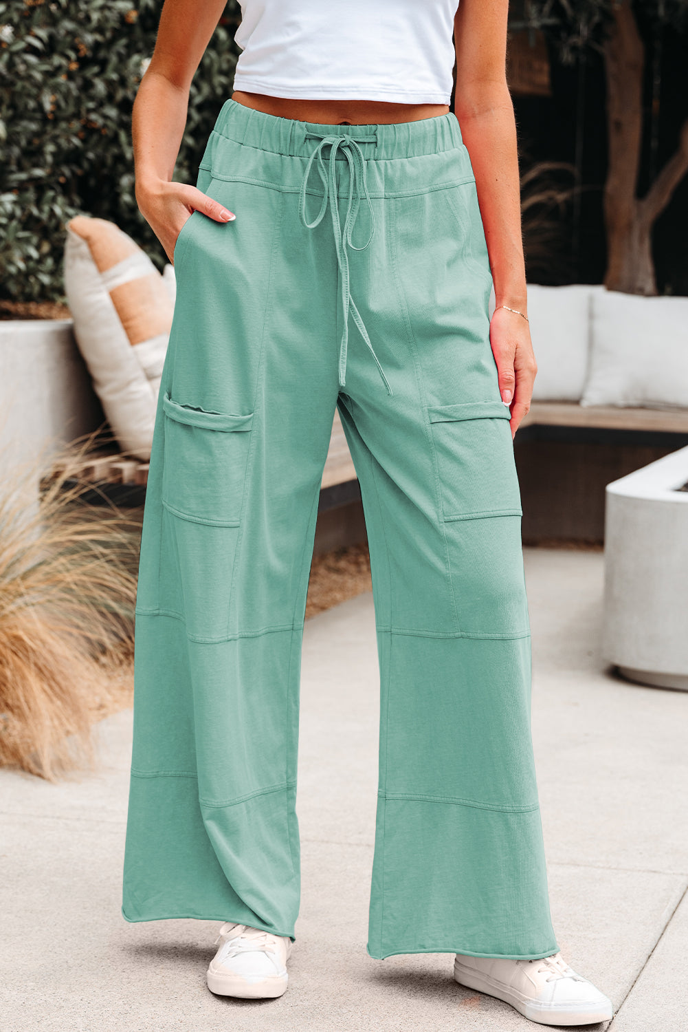 Stacey B's Mint Green Mineral Wash Exposed Seam Drawstring High Waist Wide Leg Cargo Pants