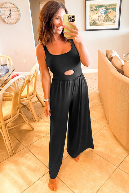 Stacey B's Black Peekaboo Wide Leg Square Neck Sleeveless Jumpsuit
