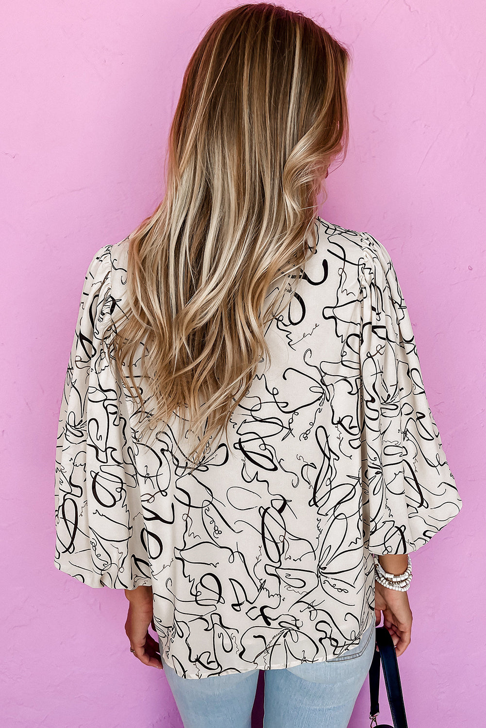 Stacey B's Beige Abstract Print Balloon Sleeve Crew Neck Blouse