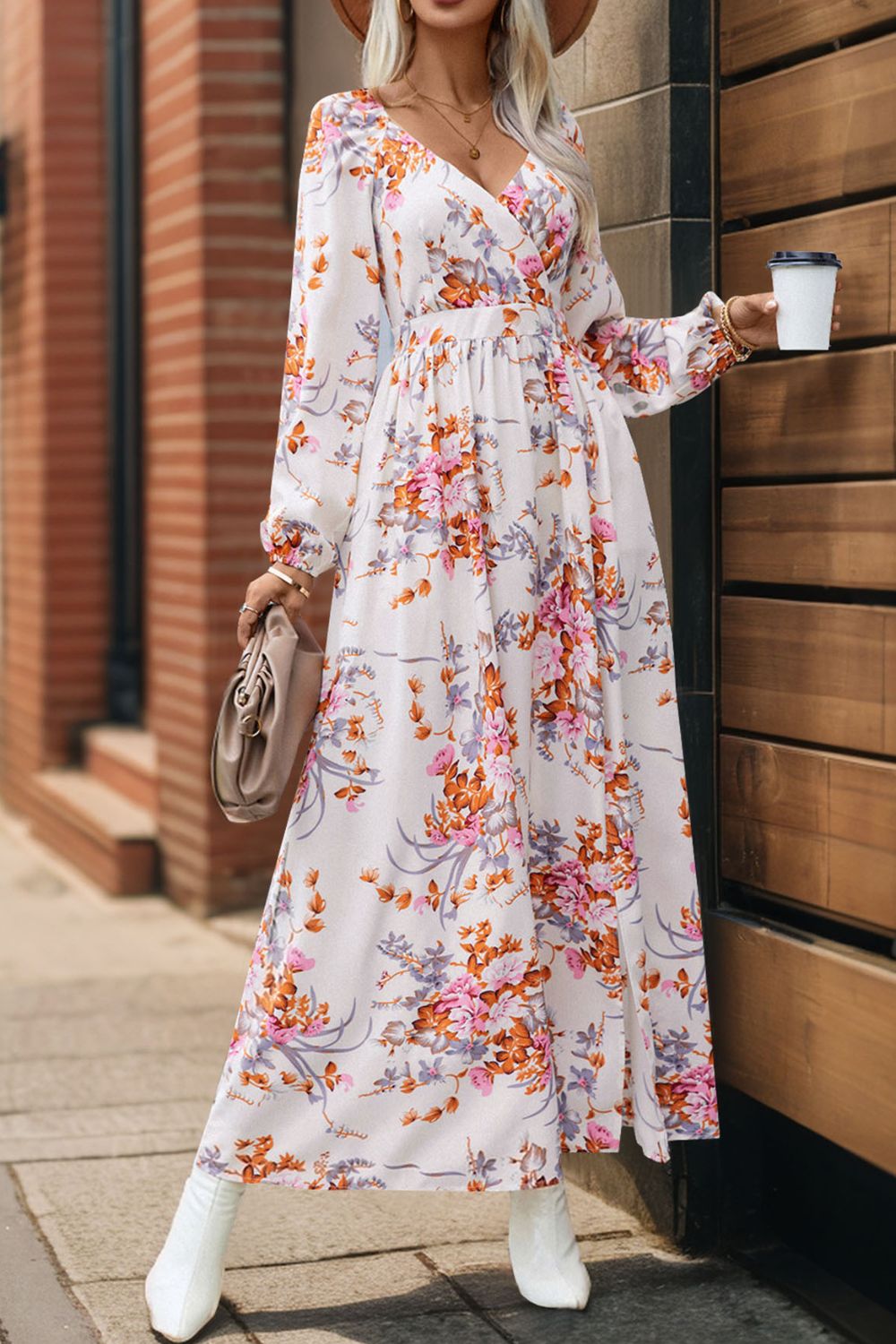 Stacey B's Slit Printed Surplice Long Sleeve Maxi Dress