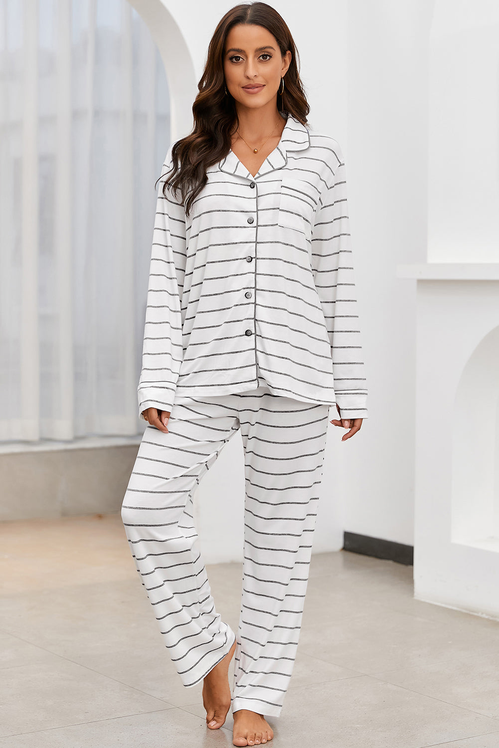 Stacey B's Striped V-Neck Long Sleeve Top and Pants Lounge Set