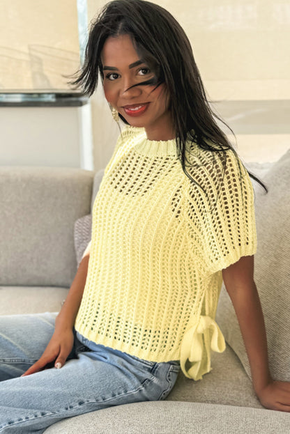 Stacey B's Pink Side Tie Hollow-out Crochet Knit Top