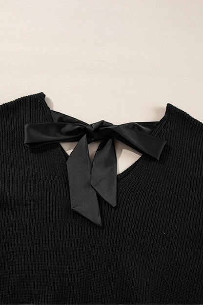 Stacey B's Black Lantern Sleeve V Neck Knot Back Sweater