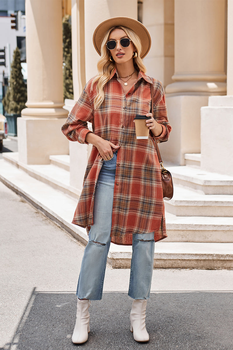 Stacey B's Mandy Plaid Collared Neck Long Sleeve Coat