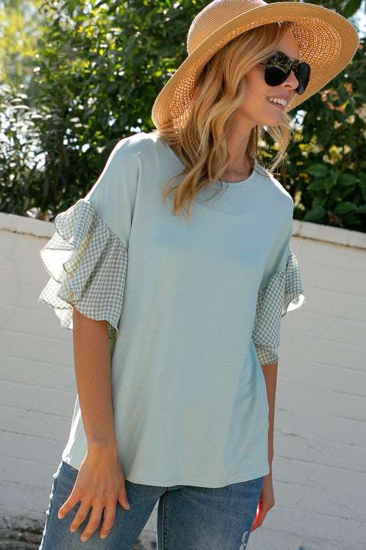 Stacey B's Plus Solid  Checker Mixed Boxy Top