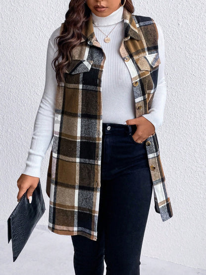 Stacey B's Honey Plus Size Pocketed Plaid Button Up Vest Coat