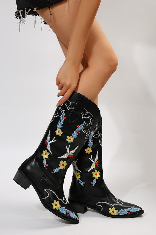 Stacey B's Embroidered Point Toe Block Heel Boots