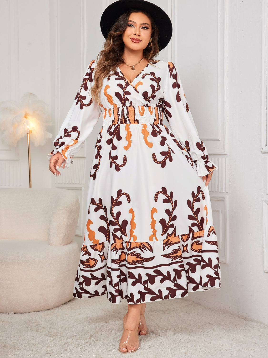 Stacey B's Plus Size Printed Surplice Flounce Sleeve Dress