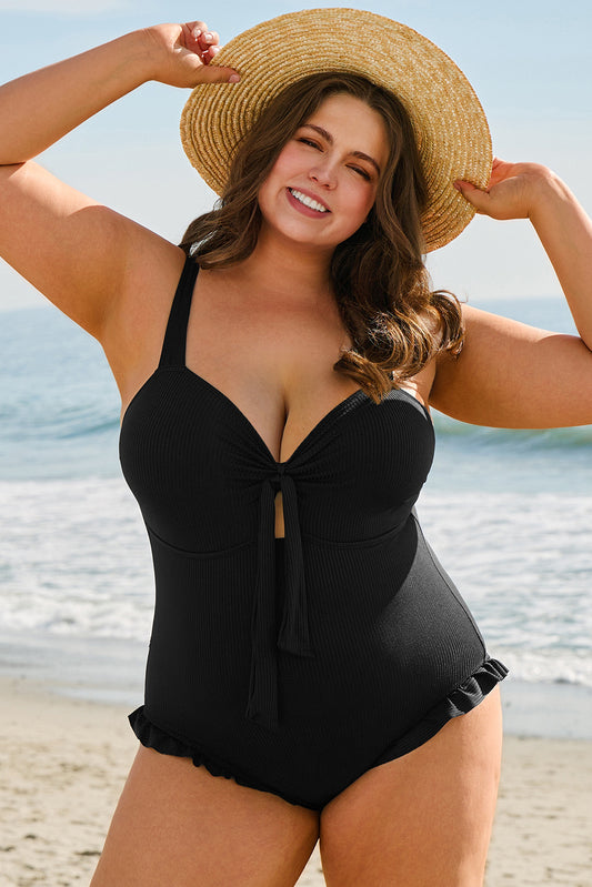 Stacey B's Black Plus Size Textured Knotted Ruffled Trim One Piece Swimwear