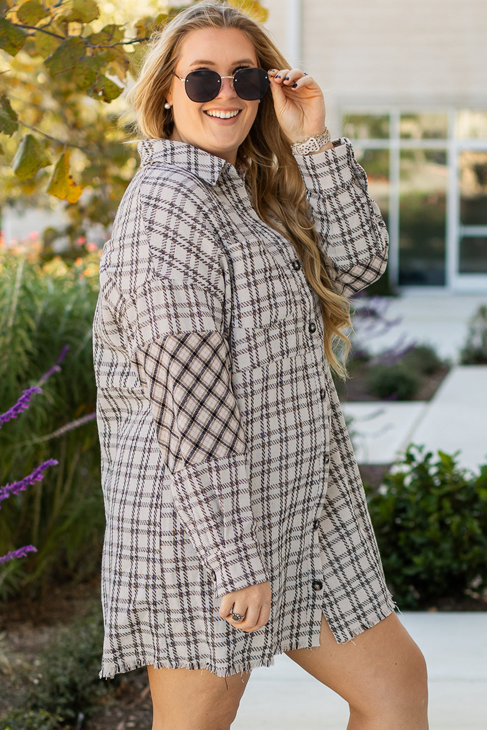 Stacey B's White Stripe Plus Size Plaid Buttoned Raw Hem Tunic Shirt Dress