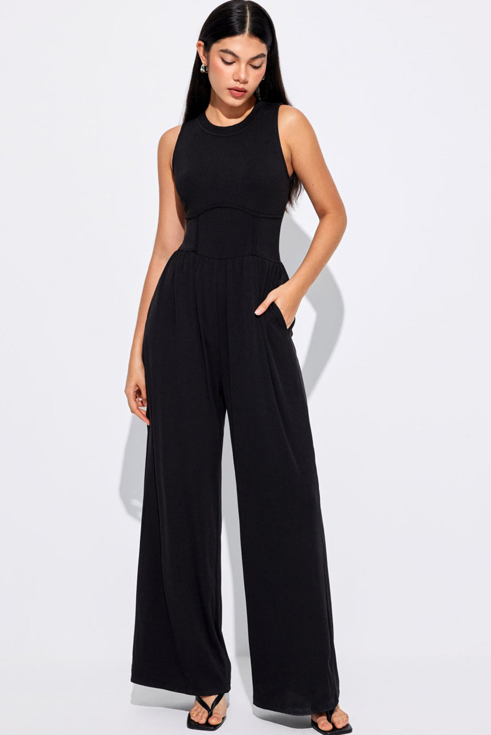 Stacey B's Blackish Green Sleeveless High Waist Wide Leg Jumpsuit