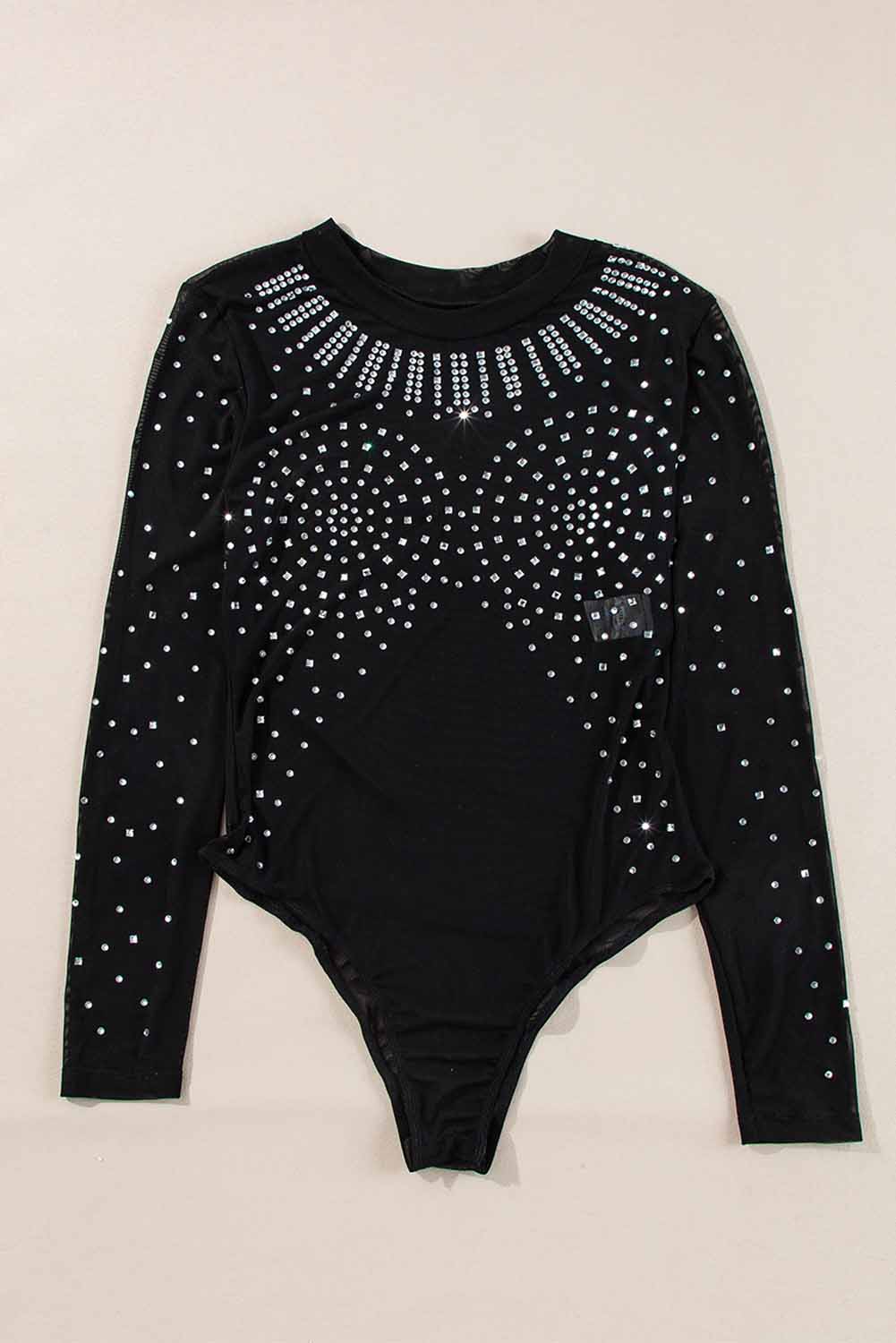 Stacey B's Black Rhinestone Sheer Mesh Slim Fit Bodysuit