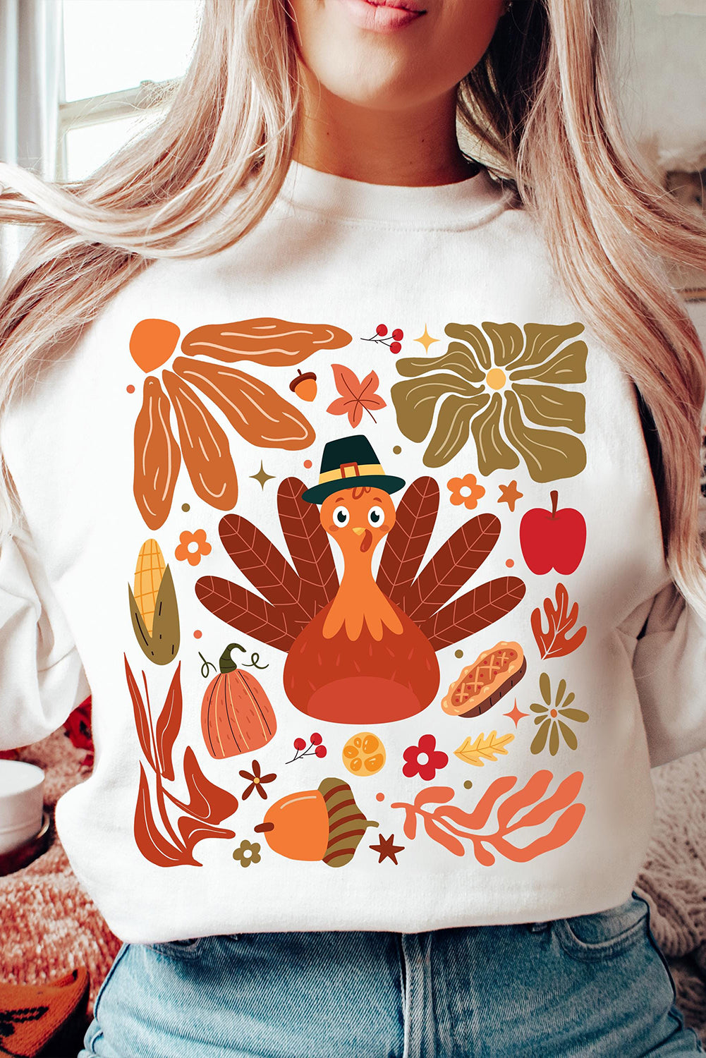 Stacey B's Beige Thanksgiving Fall Vibe Graphic Crew Neck Sweatshirt