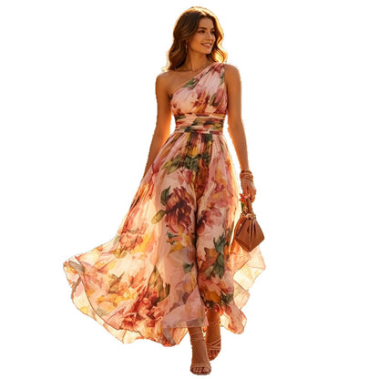 Stacey B's One shoulder waist cinched beach long dress