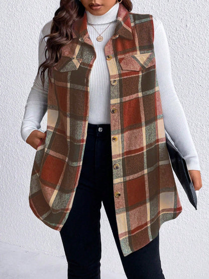 Stacey B's Honey Plus Size Pocketed Plaid Button Up Vest Coat