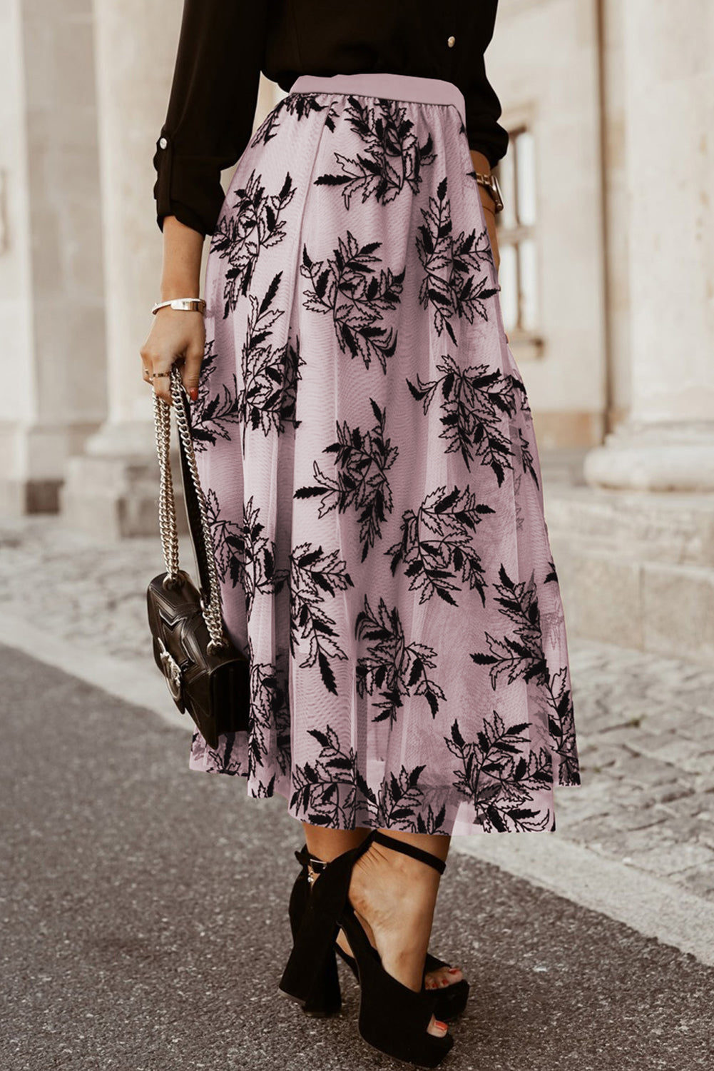 Stacey B's Peach Blossom Floral Leaves Embroidered High Waist Maxi Skirt