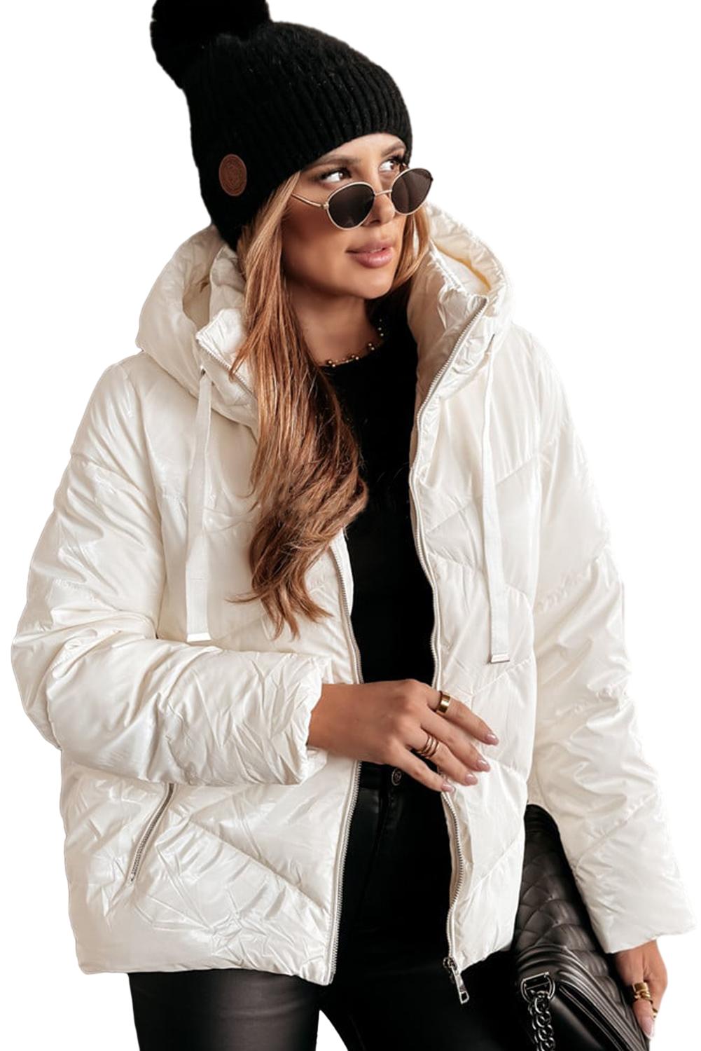 Stacey B's White Solid Quilted Hooded Zip Up Puffer Coat