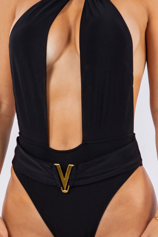 Stacey B's One Piece Bathing Suit Deep Open with Belt