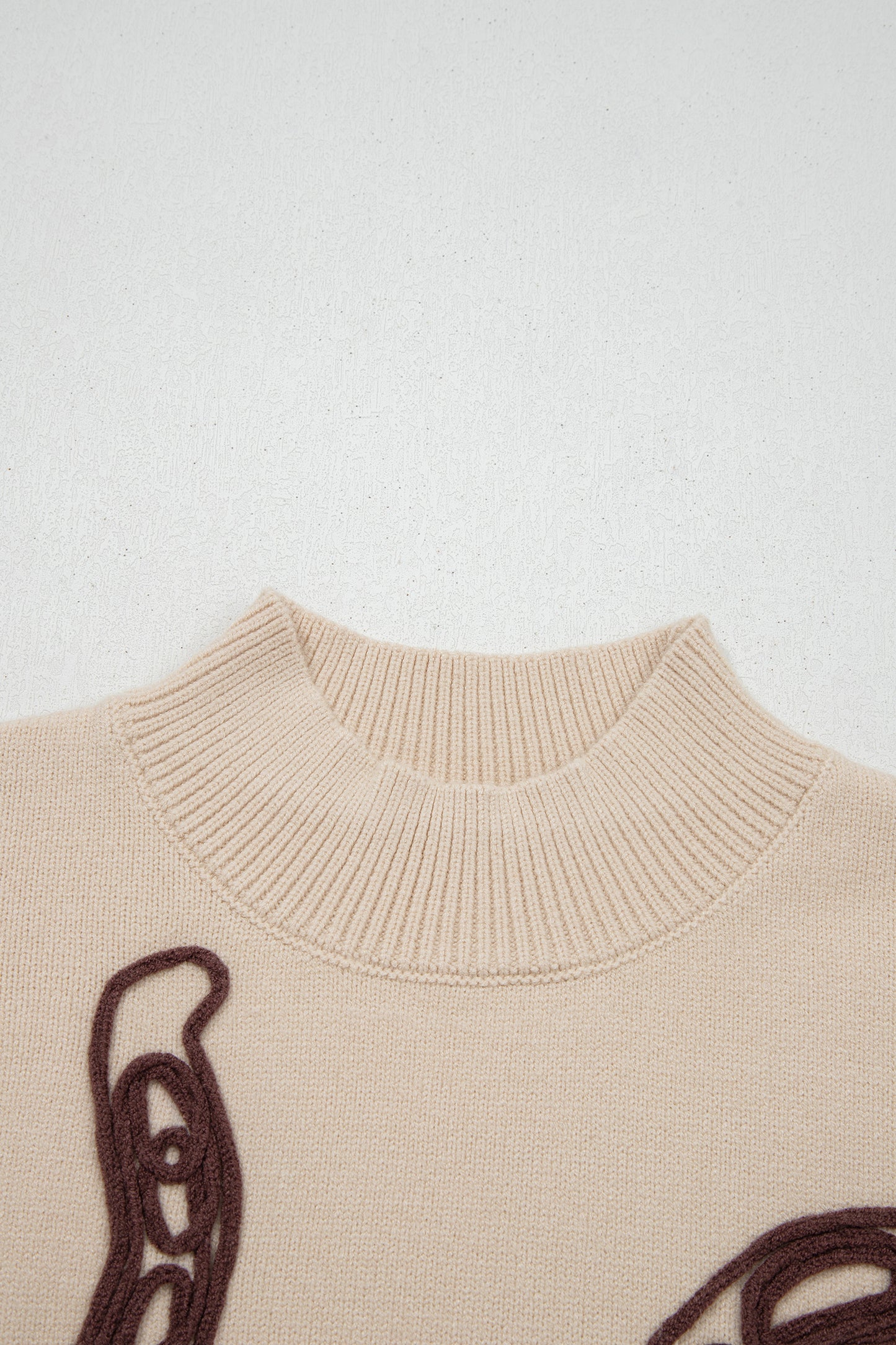Stacey B's Parchment Corded Horseshoes Ribbed Trim Mock Neck Short Sleeve Sweater