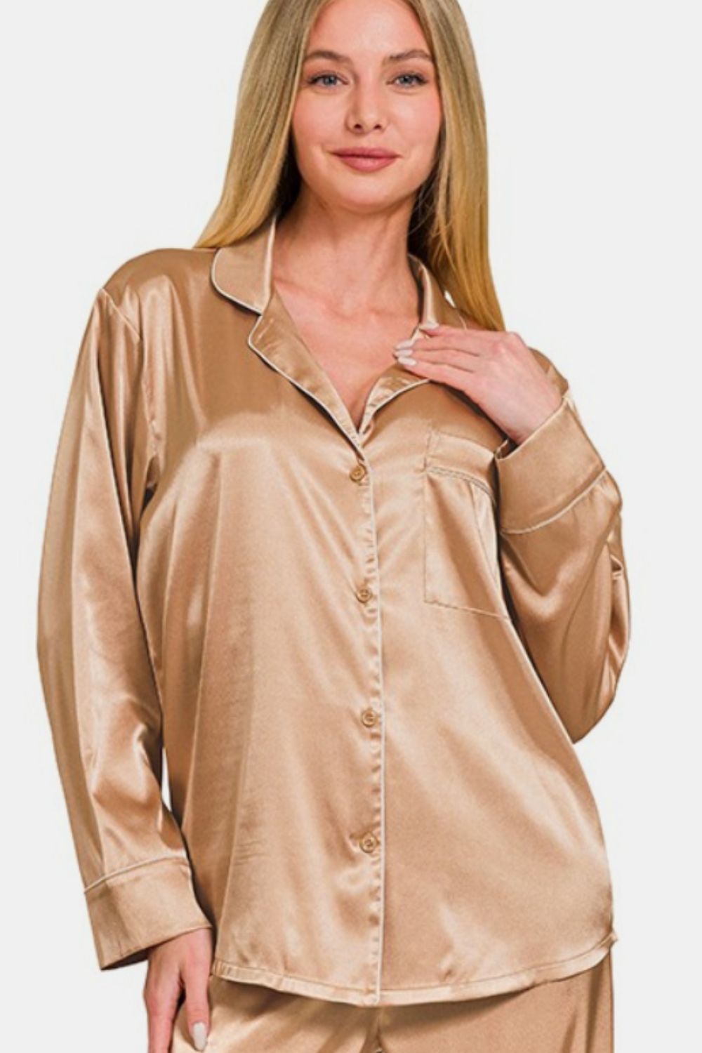 Stacey B's Zenana Satin Long Sleeve Shirt and Pants Pajama Set