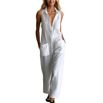 Stacey B's Casual Loose Sleeveless Single-Button Wide-Leg Pants Fashion Cargo Jumpsuit for Women