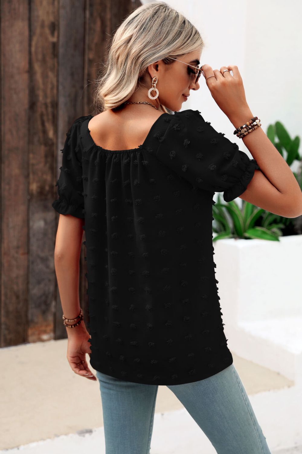 Stacey B's Swiss Dot Puff Sleeve Square Neck Blouse