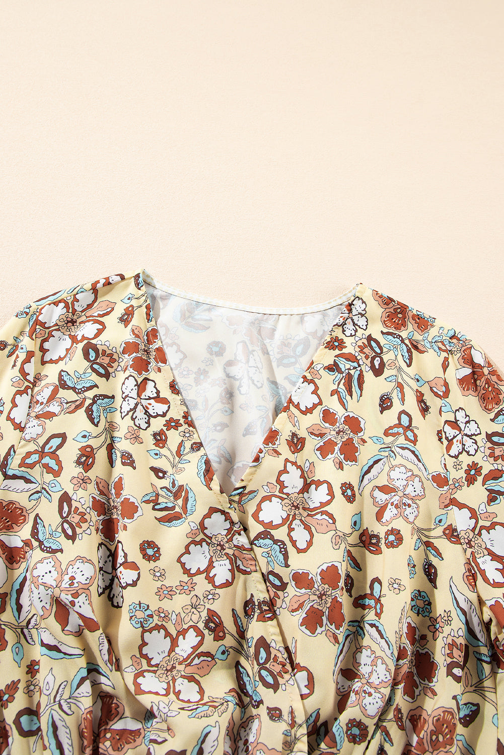 Stacey B's Yellow Printed Floral Bell Sleeve V Neck Wrapped Contrast Peplum Blouse