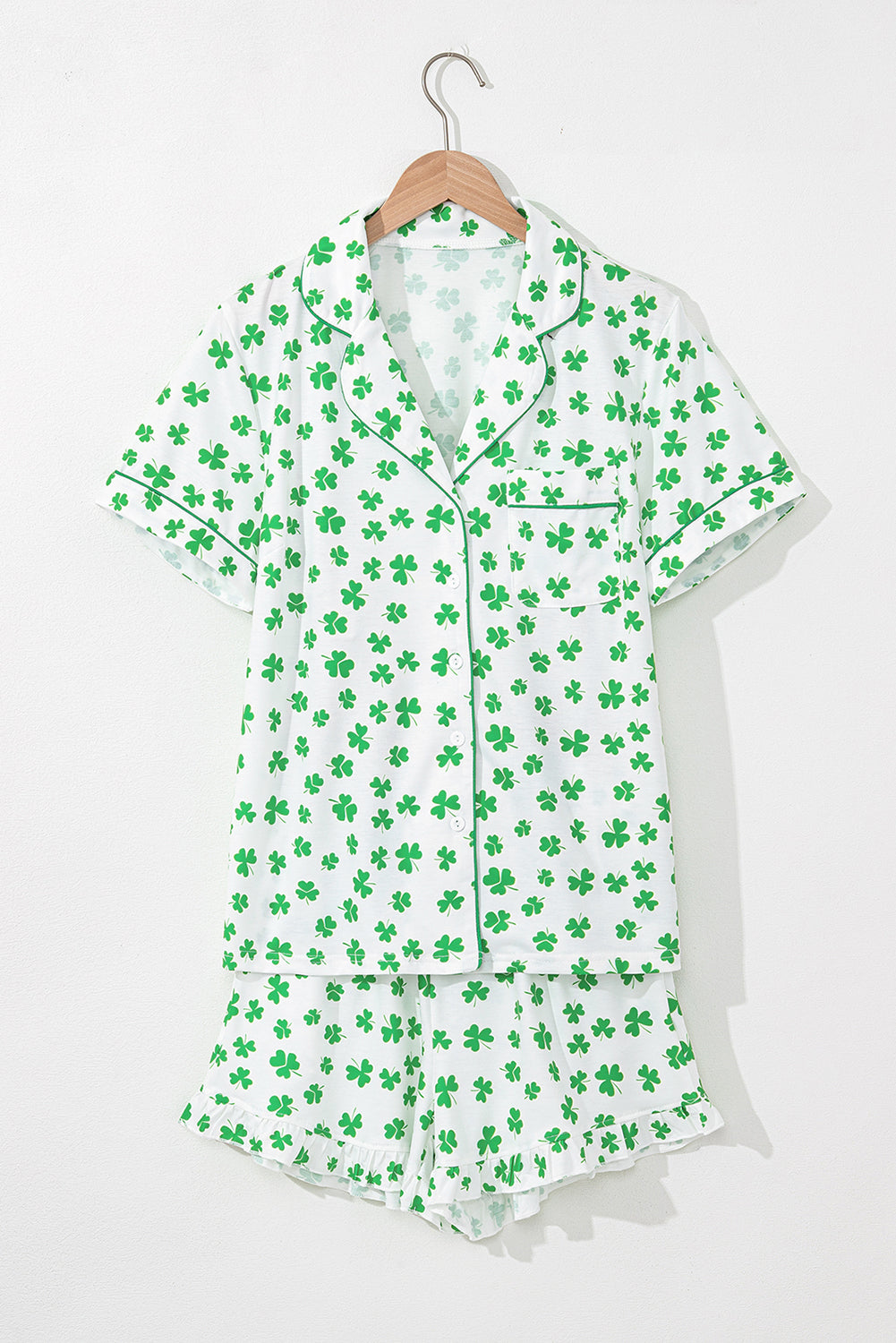 Stacey B's Green Clover Printed Short Sleeve and Ruffled Shorts Pajama Set