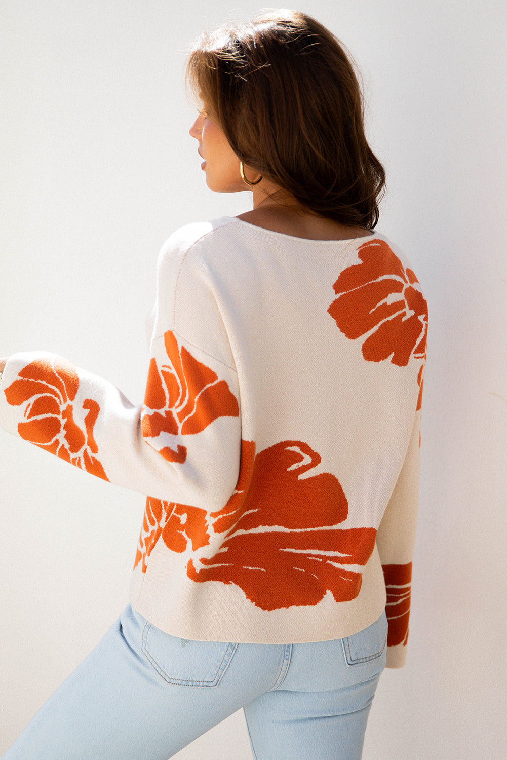 Stacey B's Beige Bold Flower Pattern Wide Sleeve Baggy Sweater