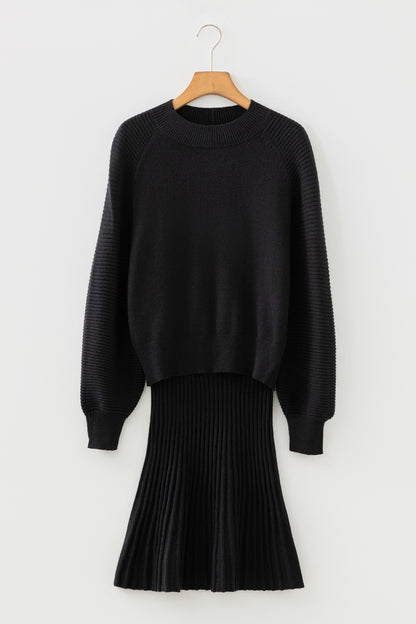 Stacey B's Black High Neck Puff Sleeve Sweater Pleated Mini Skirt 2pcs Knitted Outfit
